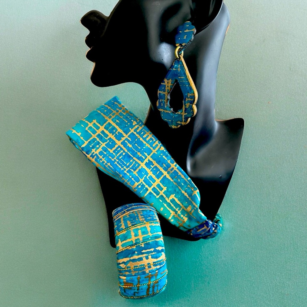Fabric on wood Handcrafted Earrings, bangle and headband.